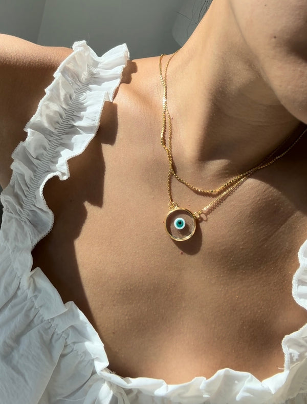 Liana Necklace (Clear Teal Evil Eye on 18” Cable Chain)