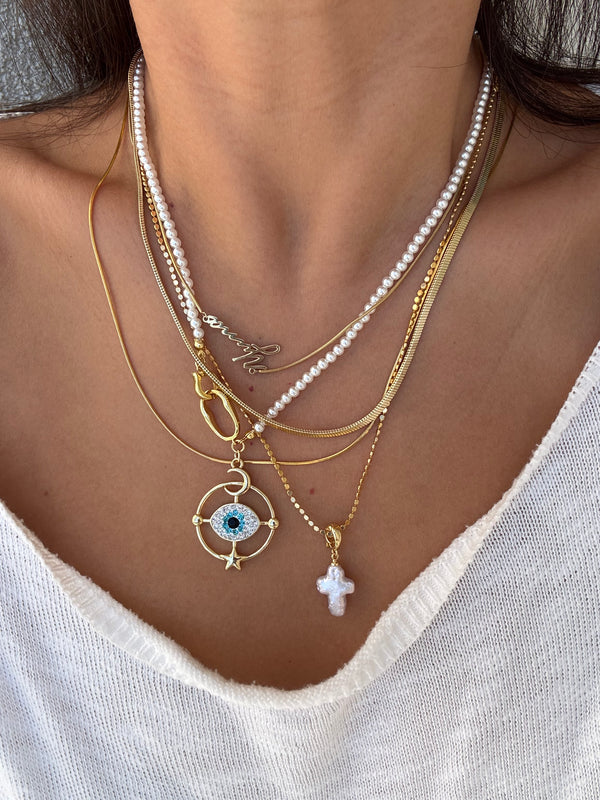 Evil Eye Compass Pearl Necklace