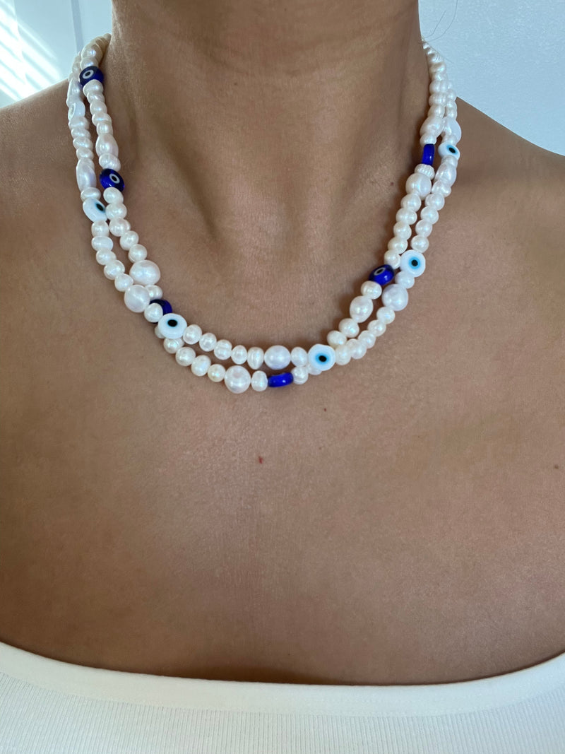 Beaded Pearl Necklace (dark blue evil eye)
