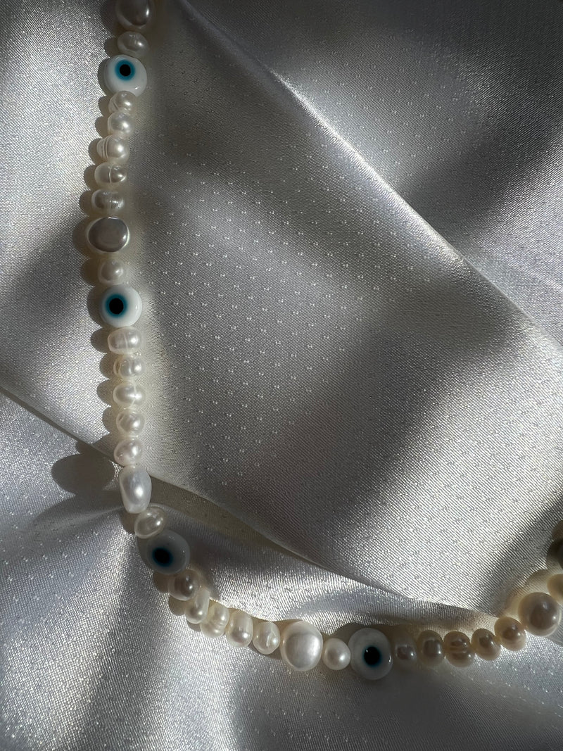 Beaded Pearl Necklace (baby blue evil eye)