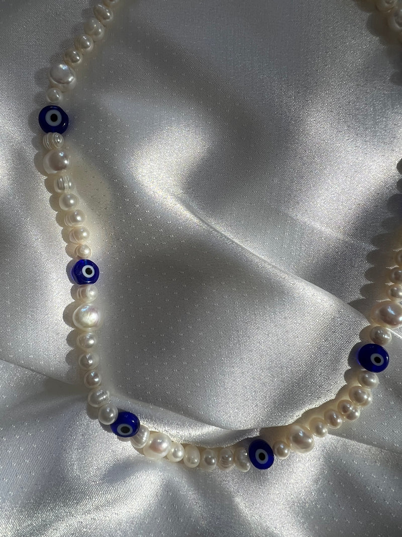 Beaded Pearl Necklace (dark blue evil eye)